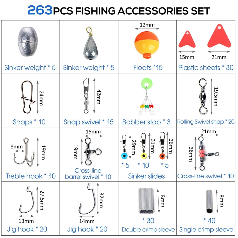 263PCS Fishing Accessories Kit with Tackle Box Pliers Jig Hooks Sinkers Swivels Snaps Sinker Slides Set Red 12 × 9.5 × 3cm