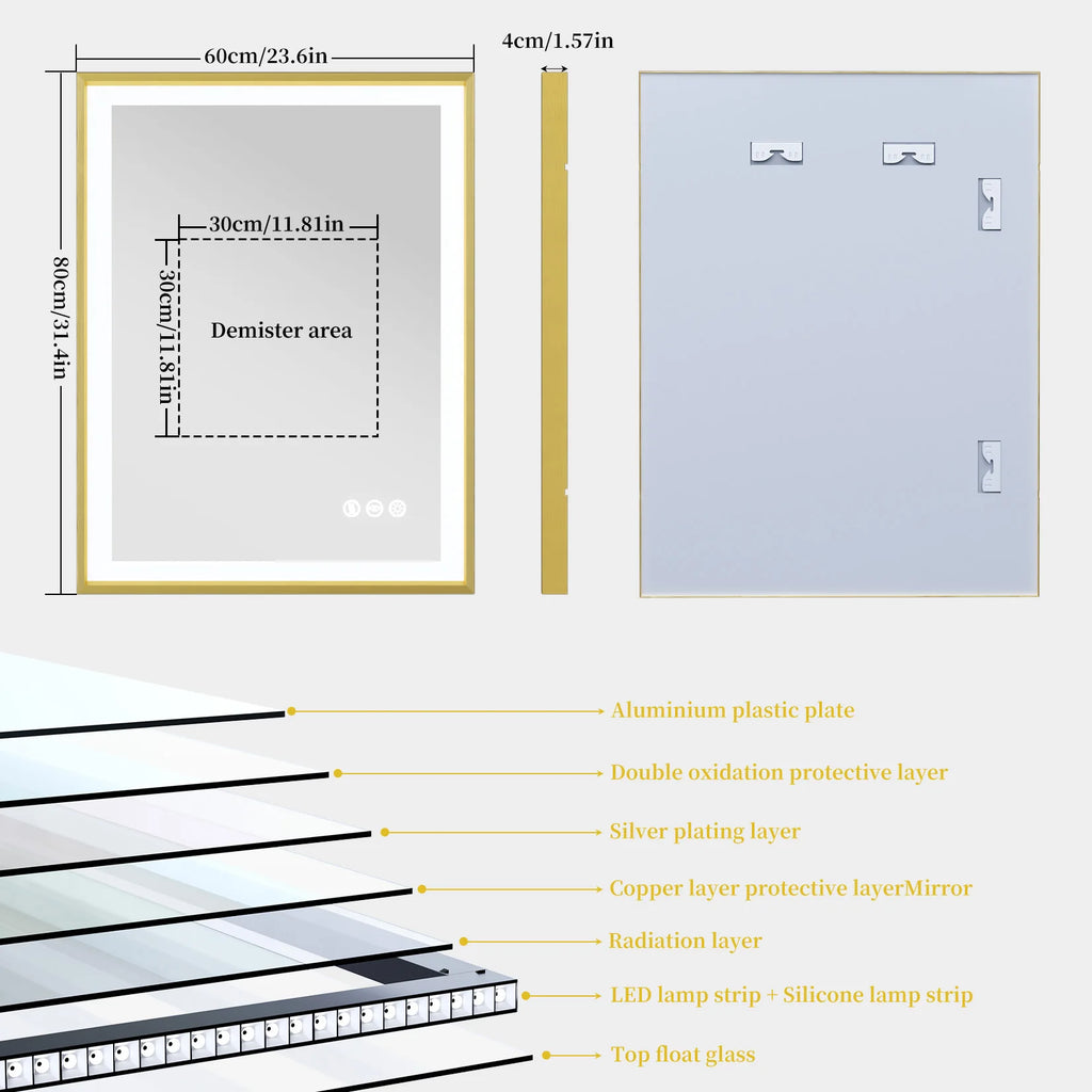 Illuminated LED Bathroom Mirror 80x60cm Gold Frame Anti Fog 3 Color Dimming Wall Mounted Vanity Mirror
