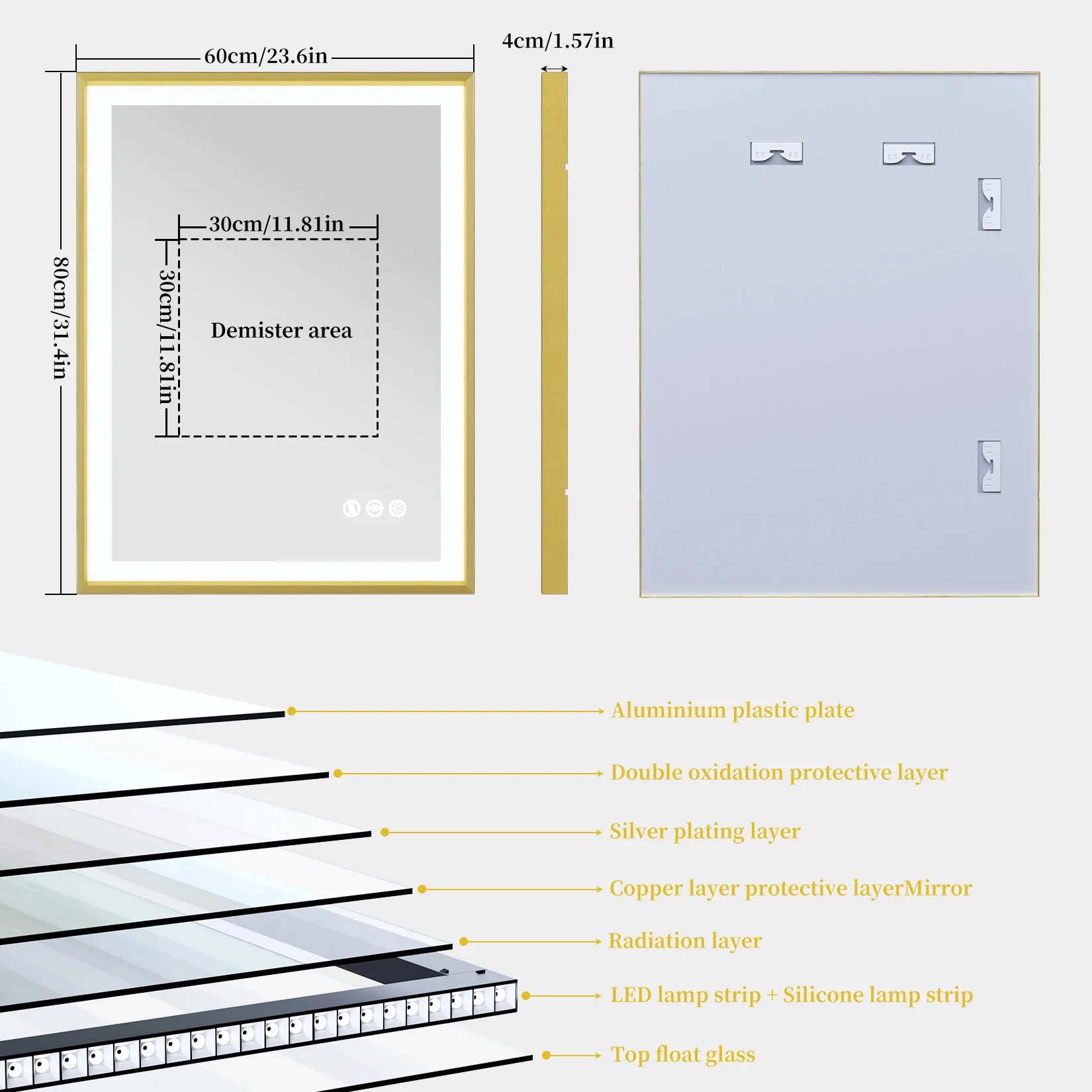 Illuminated LED Bathroom Mirror 80x60cm Gold Frame Anti Fog 3 Color Dimming Wall Mounted Vanity Mirror