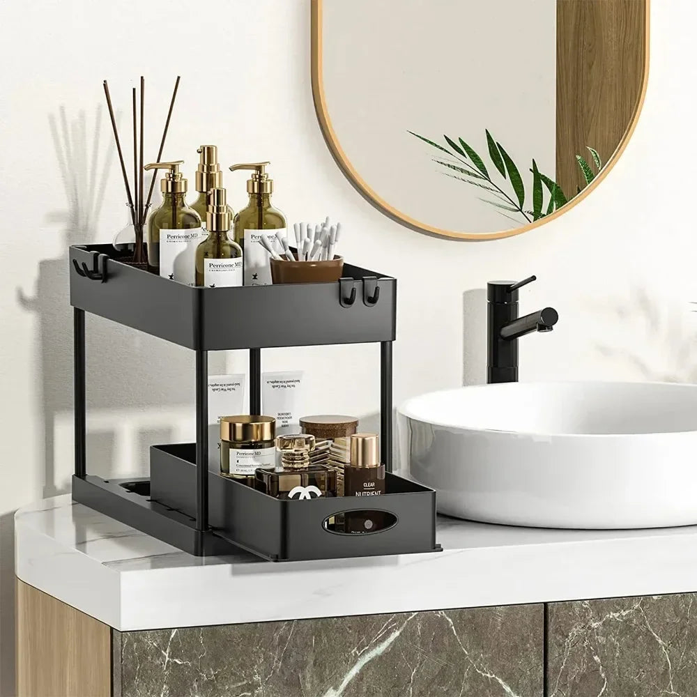 2 Tier Under Sink Organizer Sliding Cabinet Storage Rack Basket with Hooks Hanging Cup Bathroom Kitchen Organizer Black