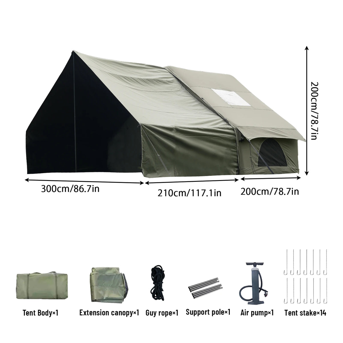 8 Person Inflatable Glamping Tent with Mesh Windows Hand Pump Large Canopy Living Room Camping Shelter Green