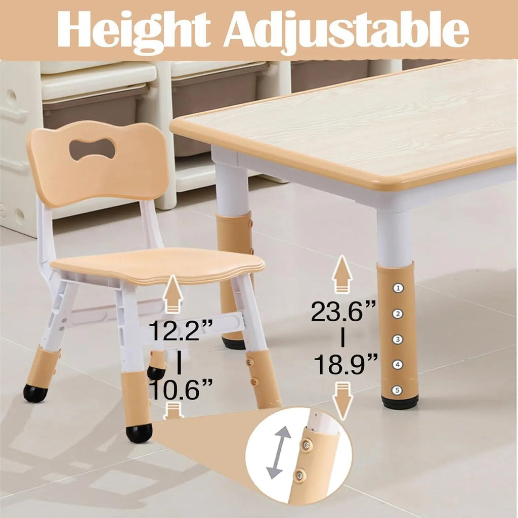 Activity Table and 6 Chairs Set Height Adjustable Study Desk with Graffiti Desktop Non Slip Legs Beige 120x60x48-60cm