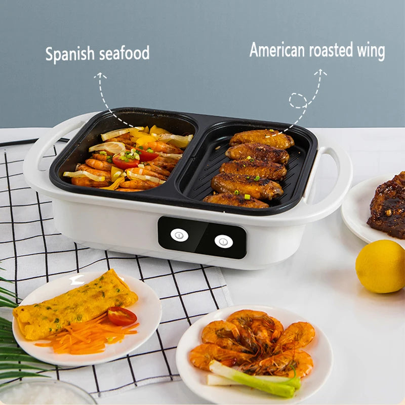 Electric Shabu Pot and Grill 2-in-1 Non-Stick Multi Cooker for BBQ, Steak, Ramen and Noodles White