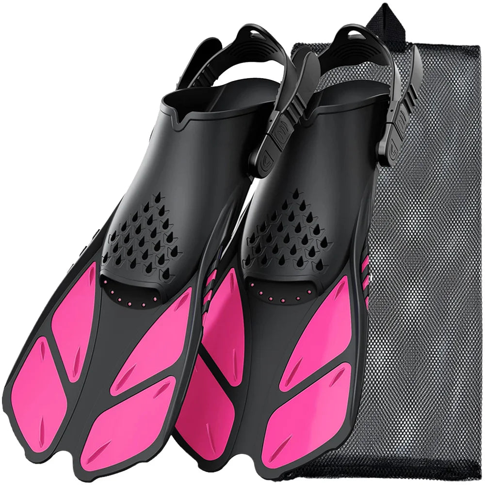 Adjustable Snorkel Fins Short Silicone Swimming Flippers Open Heel Scuba Diving Shoes Adult Men Women Pink
