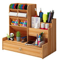 Wooden Desk Organizer DIY Desktop Storage Box Pen Holder Large Capacity Stationery Organizer with Drawer Home Office School Cherry Wood
