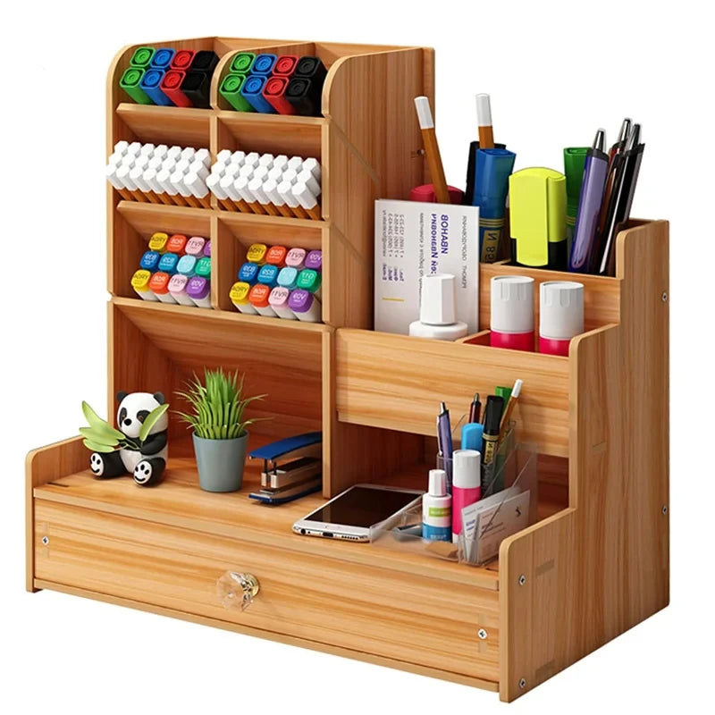 Wooden Desk Organizer DIY Desktop Storage Box Pen Holder Large Capacity Stationery Organizer with Drawer Home Office School Cherry Wood