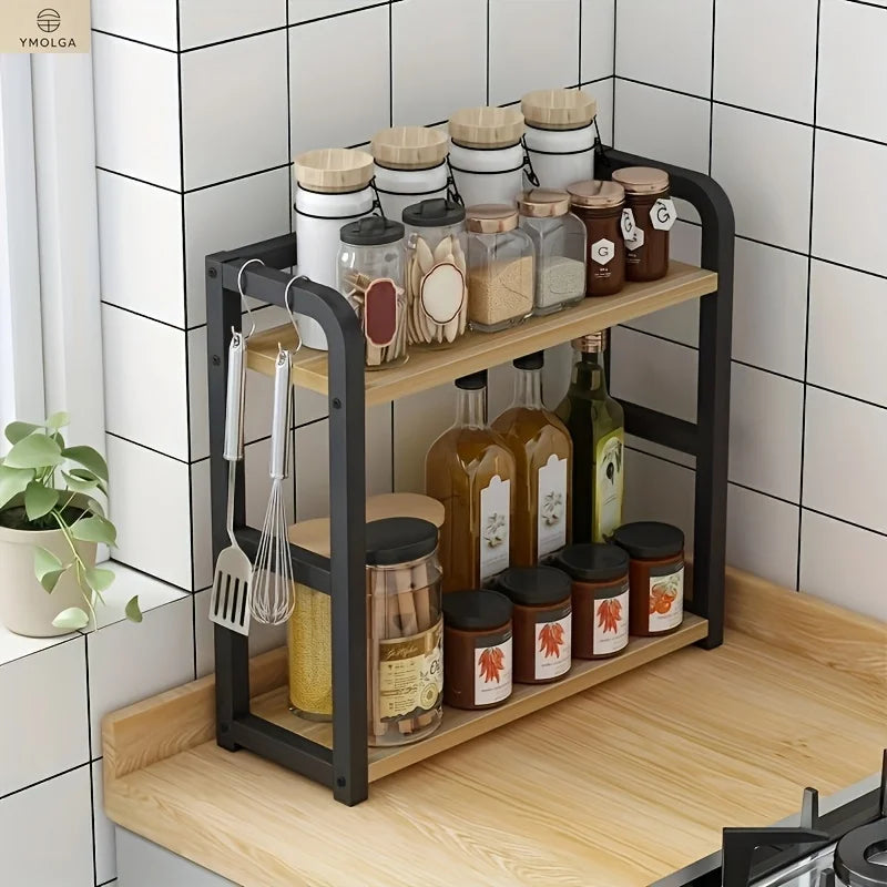 2 Tier Metal Countertop Shelf Kitchen Organizer Coffee Mug Condiment Storage Rack Rustproof Space Saving Walnut 35 × 14 × 42cm