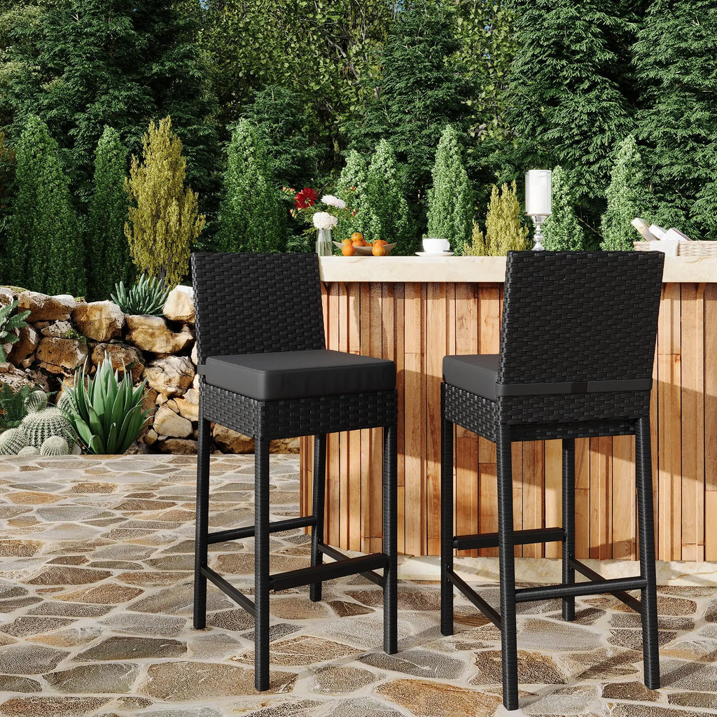 Outdoor Bar Stools Set of 2 Patio Bar Stools Garden Bar Stools  Weather-resistant Armless With Seat Cushions Black 40x50x103cm
