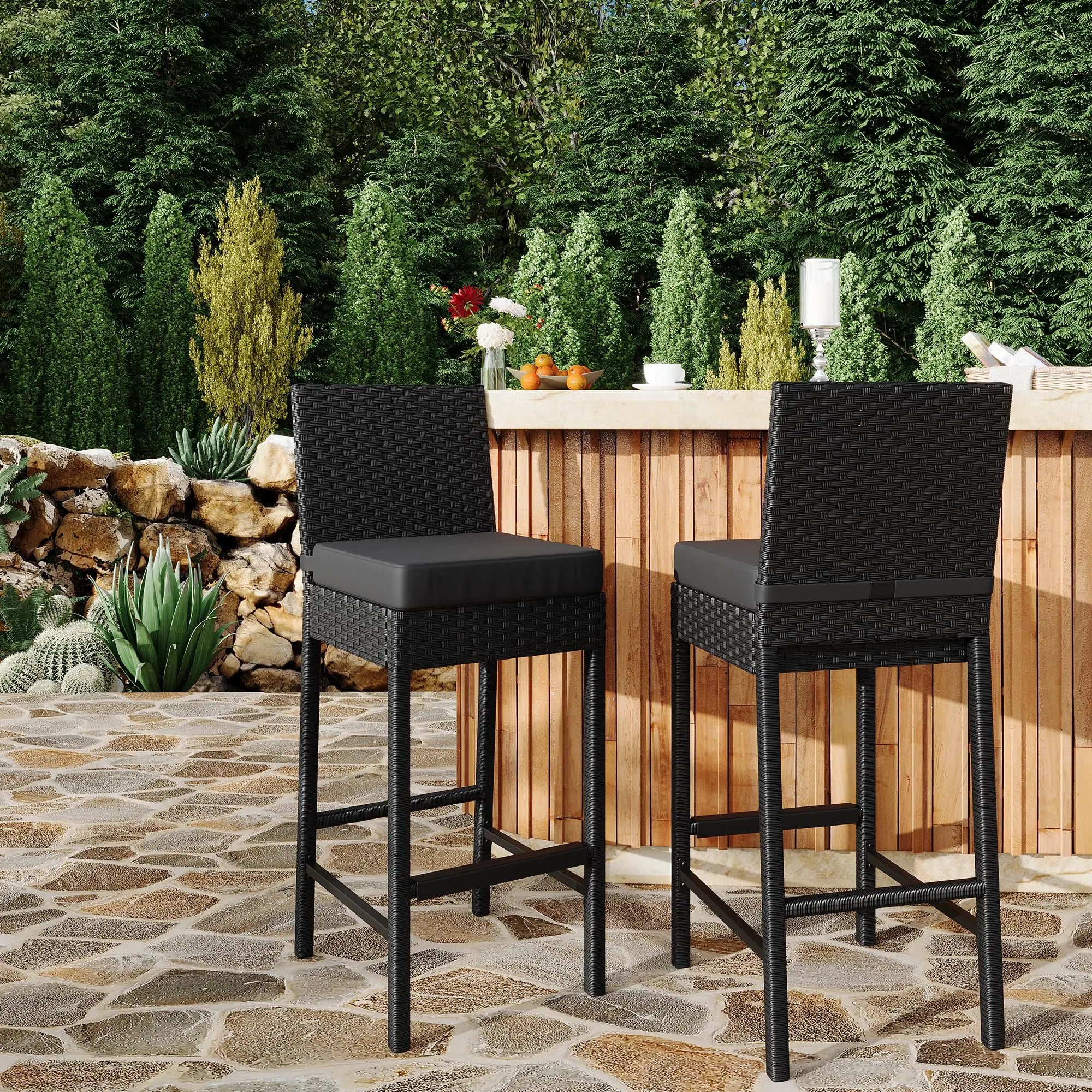 Outdoor Bar Stools Set of 2 Patio Bar Stools Garden Bar Stools  Weather-resistant Armless With Seat Cushions Black 40x50x103cm