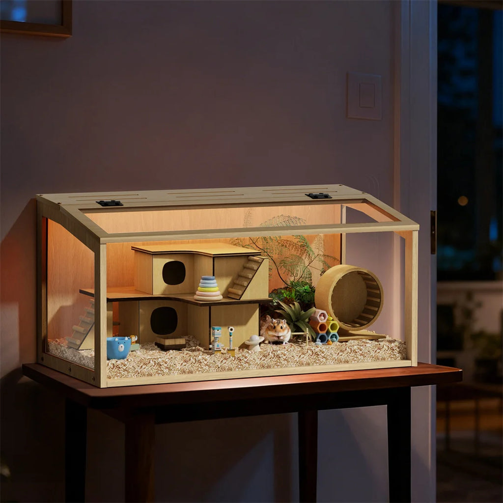 Wooden Hamster Cage Large Natural Habitat with Tempered Glass Panels Ventilation Holes and Built-in LED Light for Small Pets 80x40x40cm