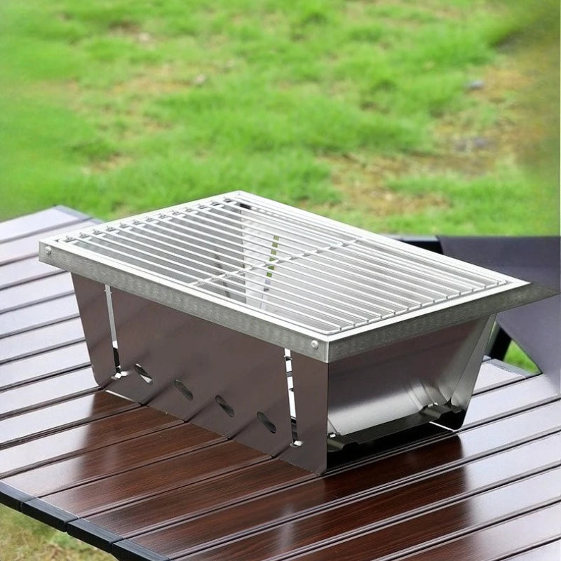 Outdoor BBQ Grill Portable Charcoal BBQ Travel Charcoal Grill Stainless Steel Firewood Barbecue for Camping Silver 36x22x15cm