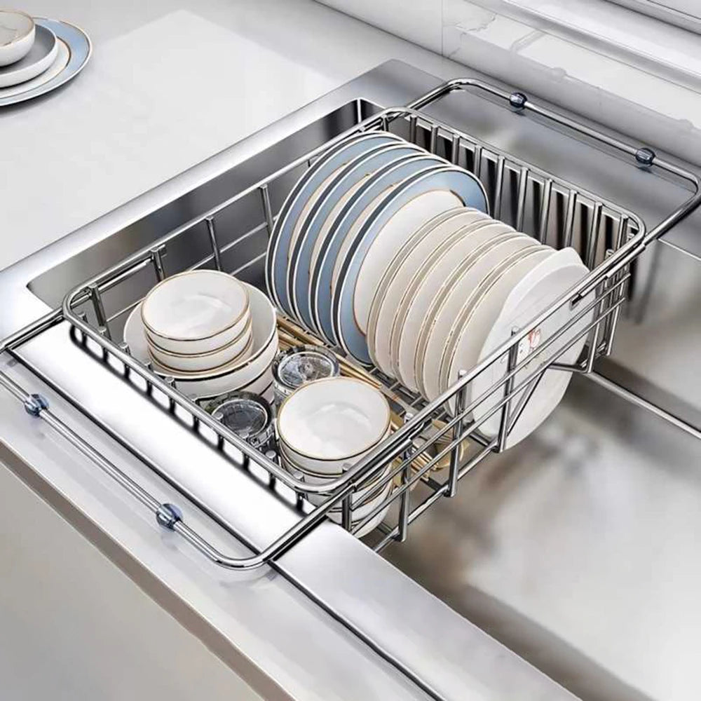 Stainless Steel Telescopic Sink Drain Rack Non Slip Dish Drying Kitchen Bathroom Countertop Organizer Adjustable 34-45×24.5×10.5cm