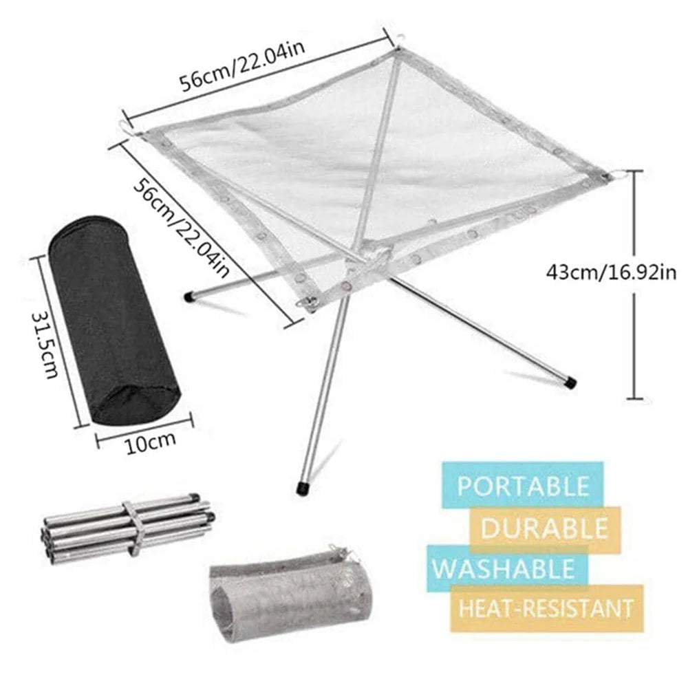 Portable Fire Pit Grill Foldable Stainless Steel Camping BBQ Rack Mesh Bonfire Stand 56x56x43cm