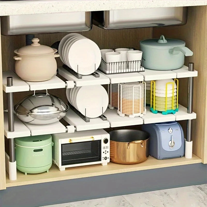 Adjustable Under Sink Storage Rack Expandable Kitchen Bathroom Cabinet Organizer Space Saving Double Layer Shelf 75 × 25 × 50cm