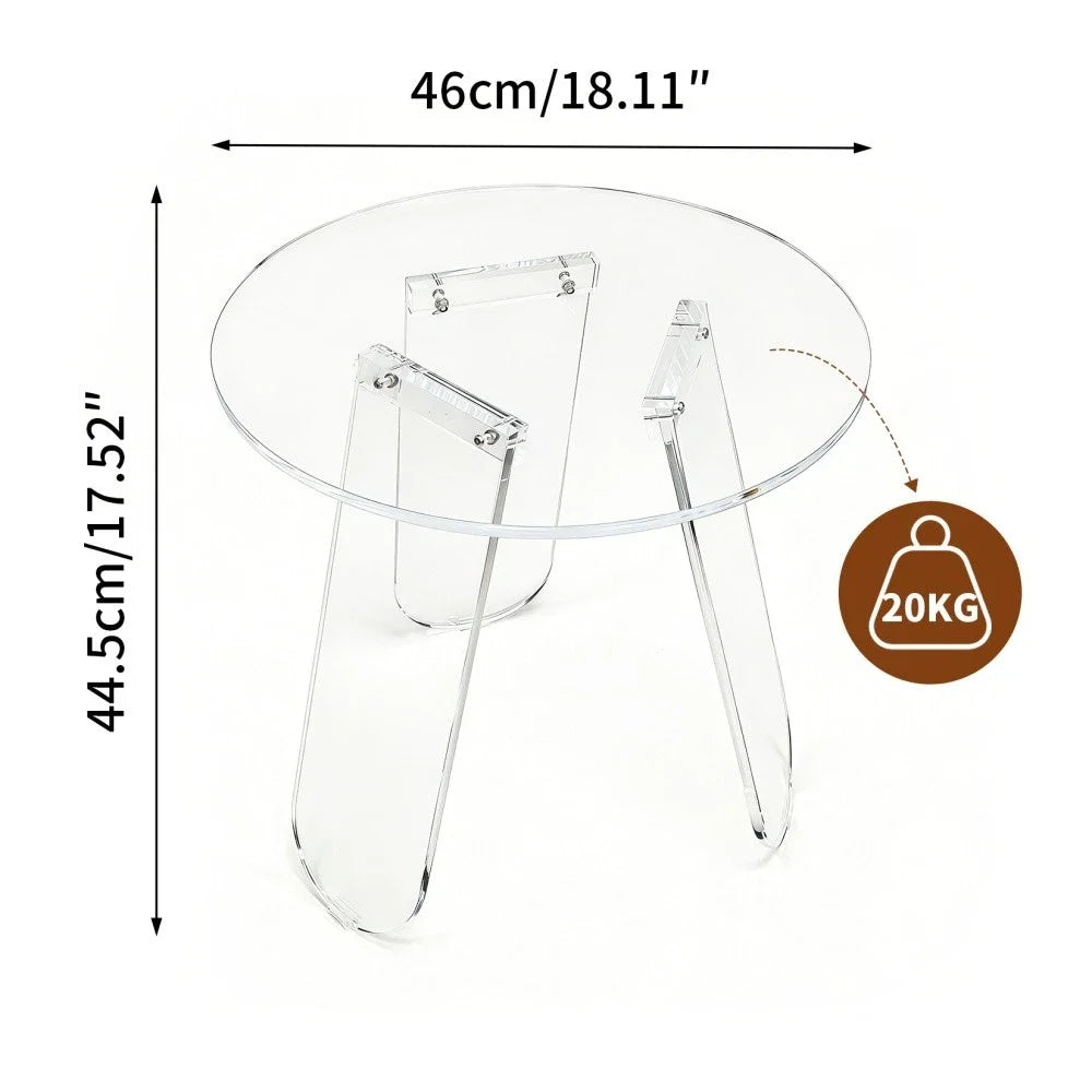 Acrylic Side Table 46x44.5cm Round Clear End Table with Triangle Legs Transparent Living Room Table