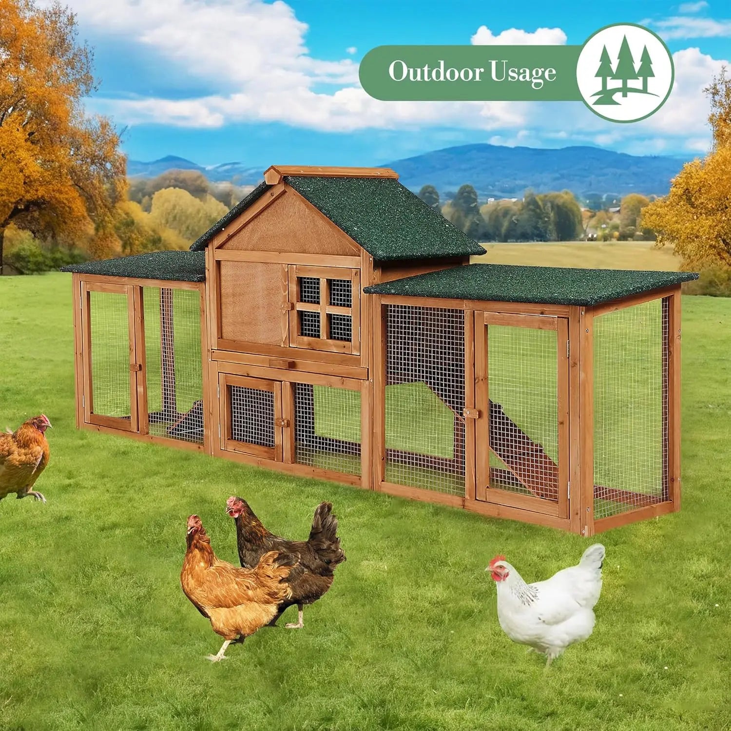 Rabbit Hutch Chook Run Bunny Hutch Rabbit Cage 210cm For Bunny & Chicken Weatherproof With Side Runs, Tray & Ramps Brown and Green