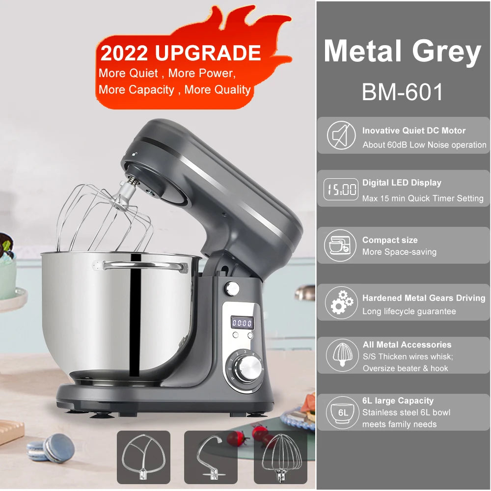 1200W Kitchen Stand Mixer 6L Food Blender Quiet Motor Egg Whisk Dough Kneader 6 Speed Baking Mixer Grey BM-601 AU
