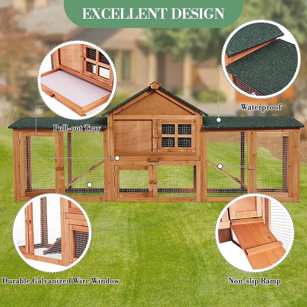 Rabbit Hutch Chook Run Bunny Hutch Rabbit Cage 210cm For Bunny & Chicken Weatherproof With Side Runs, Tray & Ramps Brown and Green