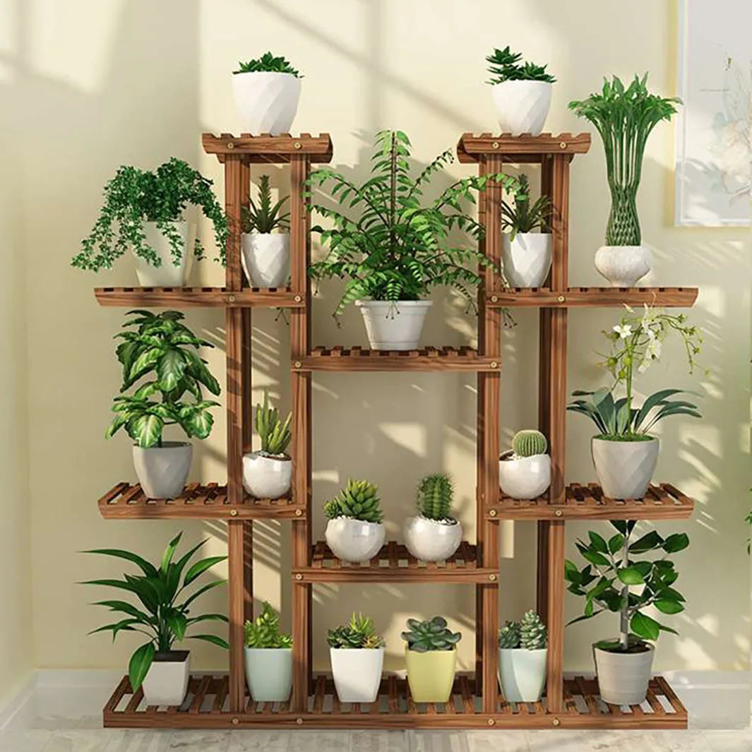 Plant Stand 11 Tier Carbonized Wood Flower Pot Display Shelf Indoor Outdoor Garden Rack Brown 116x115cm