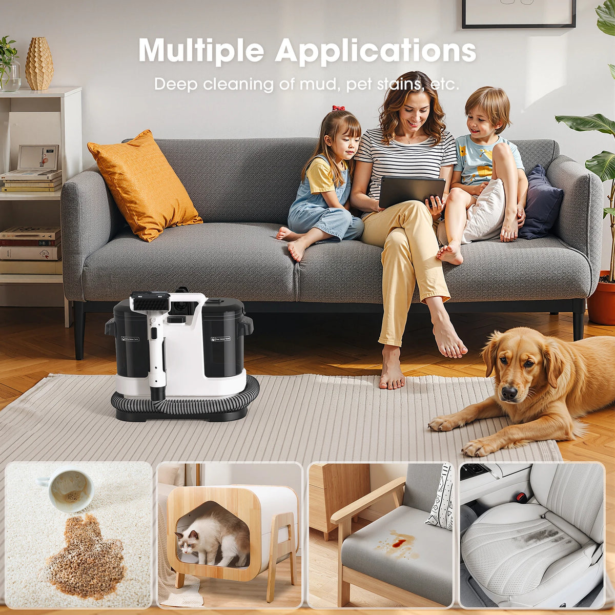 V6 13.5kPa Carpet Cleaner 1.75L Dual Tank Deep Cleaning Machine 5m Cord 1.7m Hose Sofa Mattress Car Seat Black AU