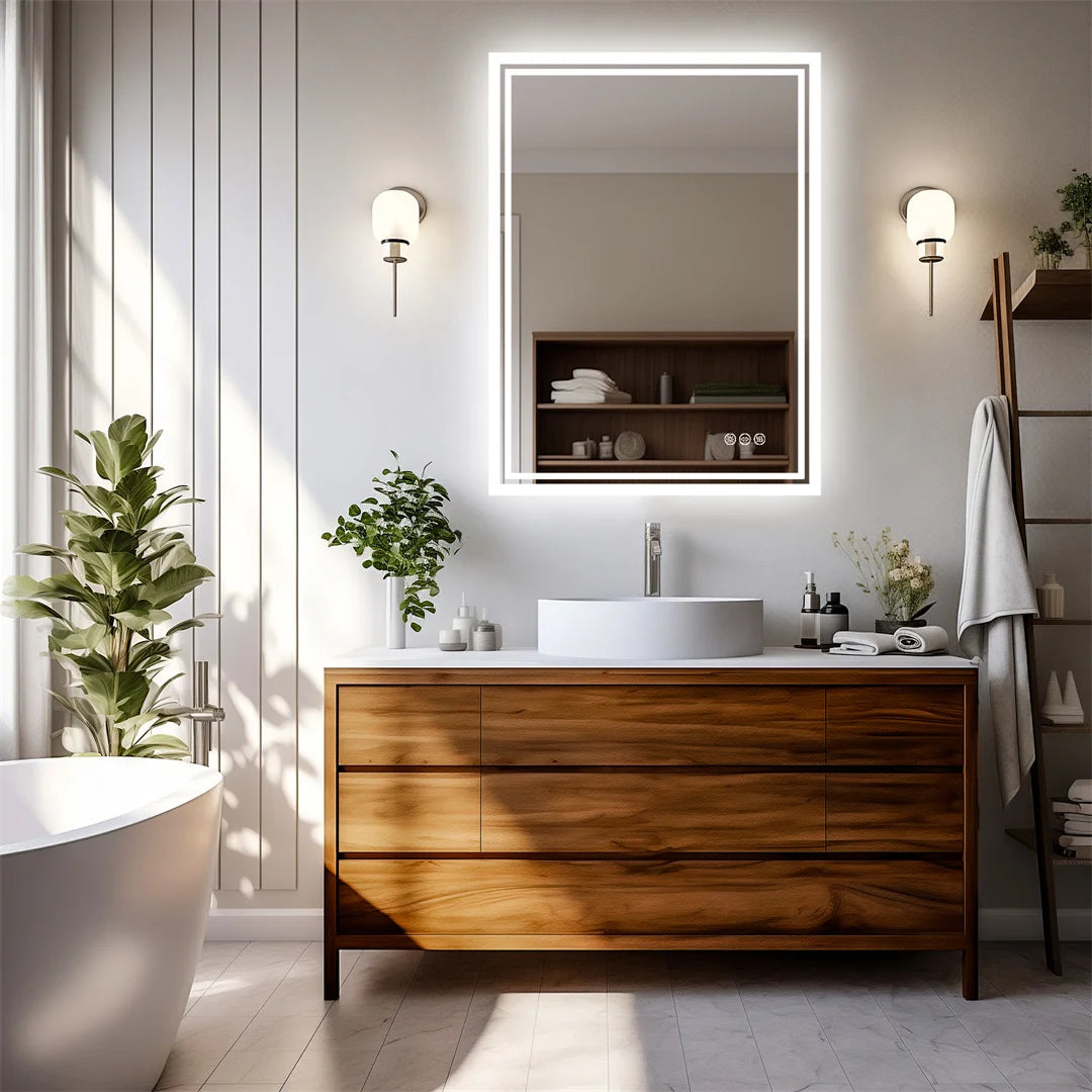 LED Bathroom Mirror Round Touch Screen Waterproof Anti Fog Vanity Mirror Wall Mounted for Wash Basin Shower Use 50x70cm