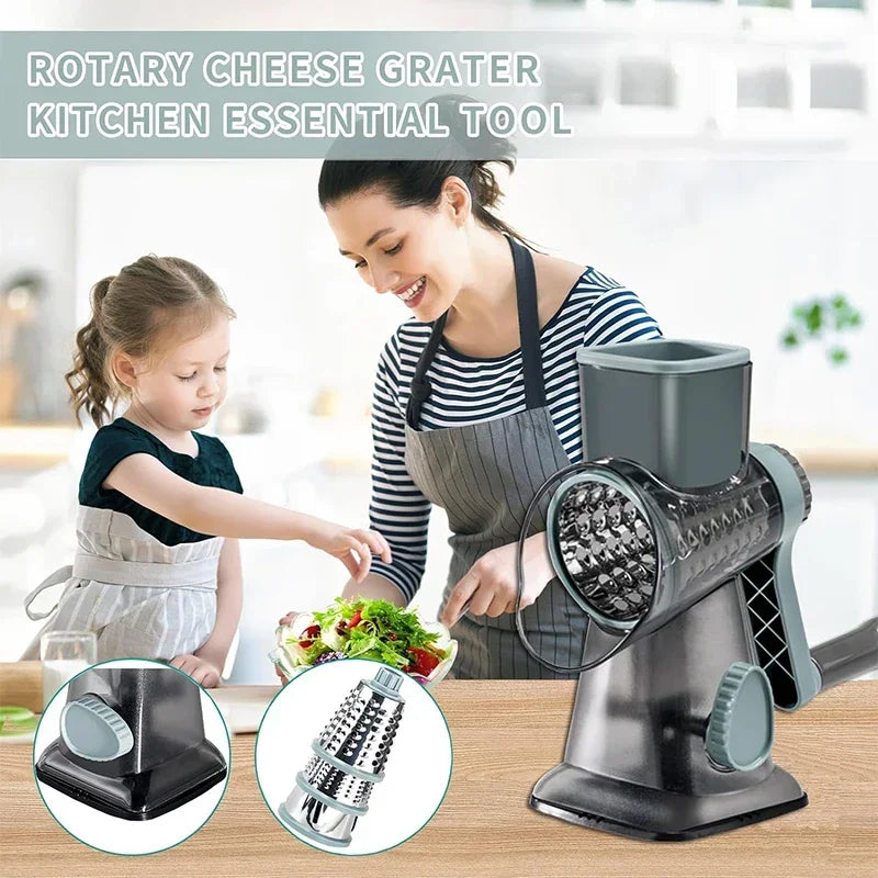 3-in-1 Rotary Cheese Grater Manual Vegetable Slicer Nut Grinder Multifunctional Kitchen Tool Clear 7.6×10.8×23.5cm