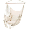 Macrame Hanging Chair with 2 Pillows White Cotton Rope Swing 226.8 kg Capacity Indoor Outdoor
