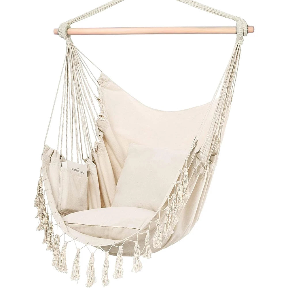 Macrame Hanging Chair with 2 Pillows White Cotton Rope Swing 226.8 kg Capacity Indoor Outdoor