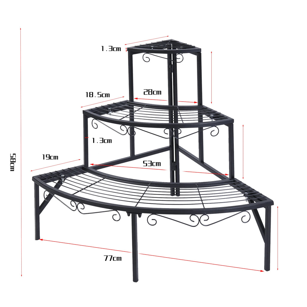 Corner Plant Stand 3 Tier Metal Flower Pot Display Shelf Indoor Outdoor Garden Rack Black 56.3x58.4cm
