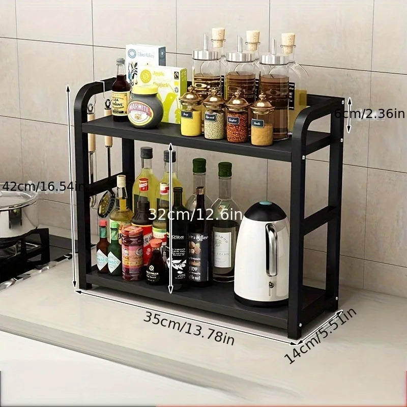 2 Tier Metal Countertop Shelf Kitchen Organizer Coffee Mug Condiment Storage Rack Rustproof Space Saving Black 35 × 14 × 42cm