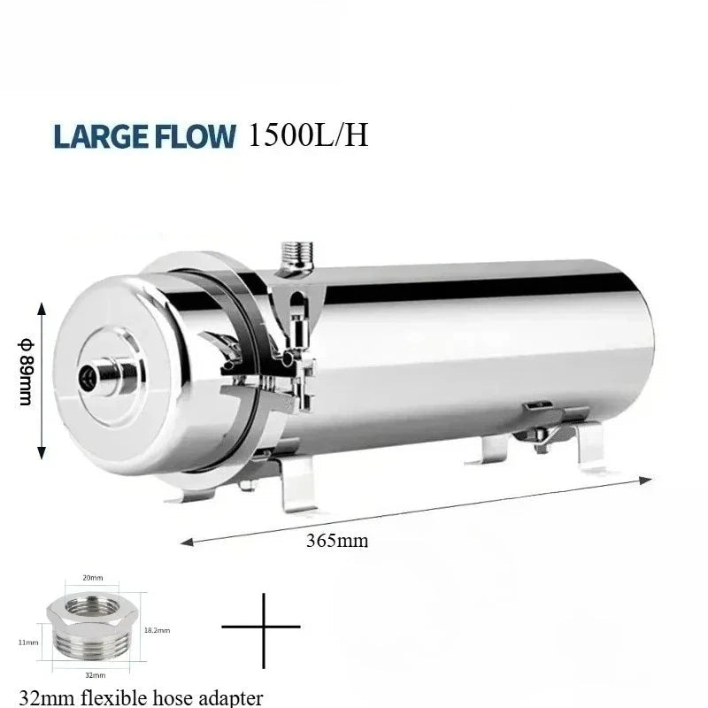 Whole House UF Water Purifier 1500L High Flow 0.01μm Stainless Steel Filter with Washable PVDF Membrane 36.5cm 32mm