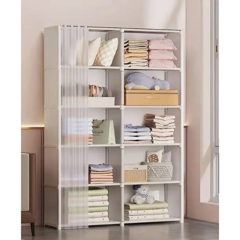 6 Layer Double Portable Clothes Storage Cabinet Wardrobe Organizer Dustproof Closet with Curtains Multifunctional White 80 × 28 × 155cm