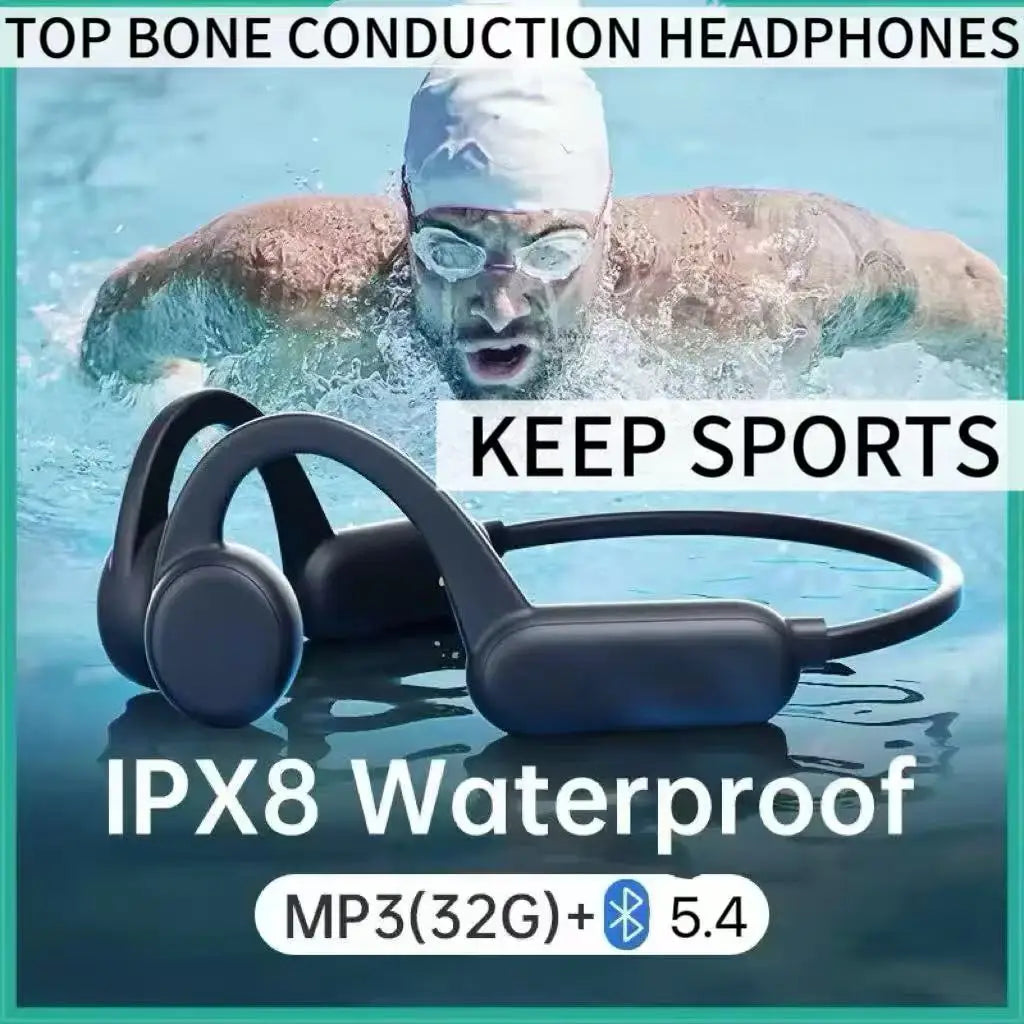 Wireless Bone Conduction Sports Headphones Bluetooth IPX8 Waterproof Earphones with MP3 Player 32GB Music Headset Black