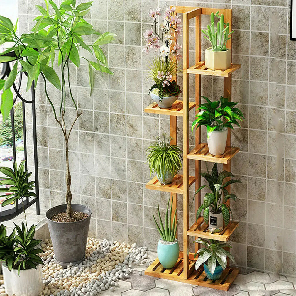 Bamboo Plant Stand 6 Tier 40x20x122 cm Natural Wood Indoor Outdoor Shelf Rack
