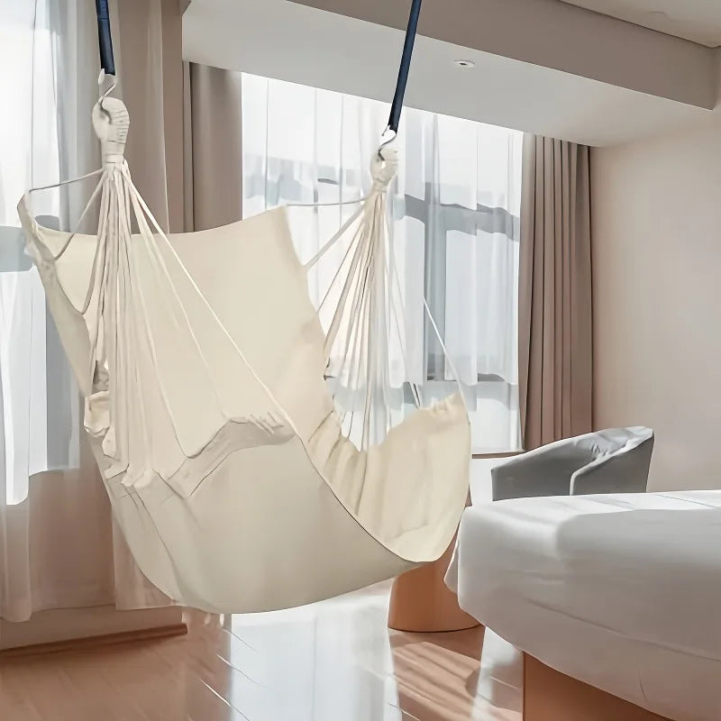 Hammock Chair Outdoor Swing Seat Portable Fabric Hanging Chair with Storage Bag Anti Rollover Design White 130x100cm