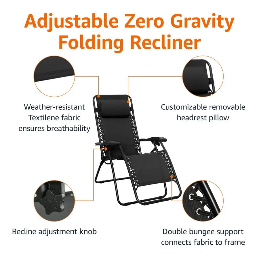 3-Pieces Zero Gravity Chair Set With Side Table Black Chair Dimension 163 × 65 × 109 cm