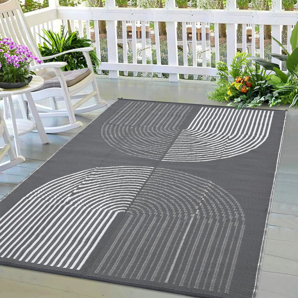 Outdoor Rug 152x244cm Waterproof Reversible Patio Rug Portable Plastic Straw Mat for Camping RV Balcony Picnic Deck Grey white