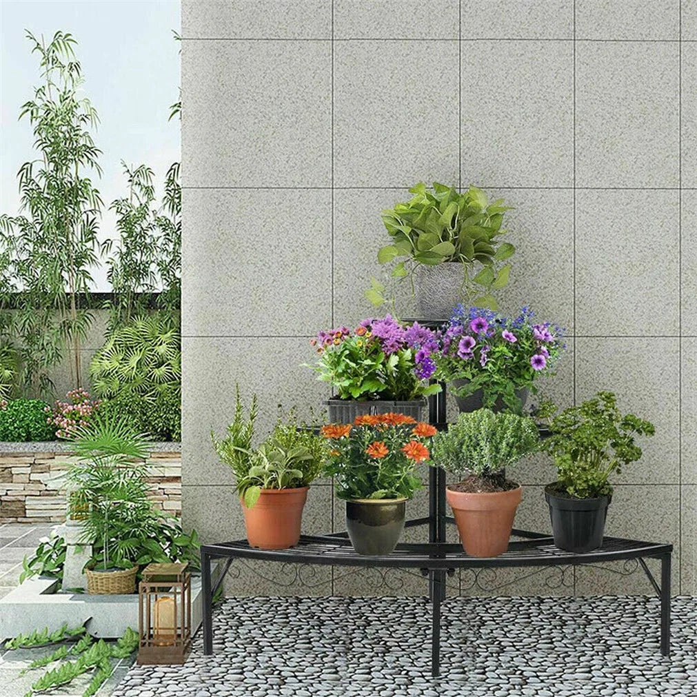Corner Plant Stand 3 Tier Metal Flower Pot Display Shelf Indoor Outdoor Garden Rack Black 56.3x58.4cm