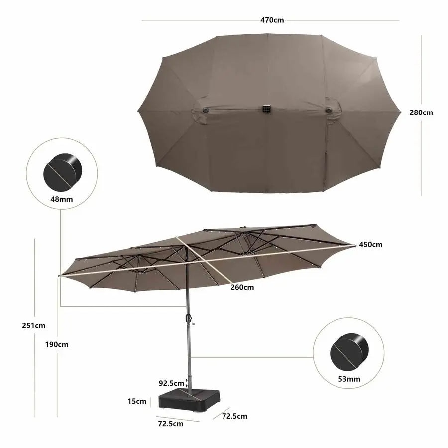 Patio Umbrella Double-Sided 48 LED Solar Lights Twin Canopy Crank Lift Sandbag Base 470x280cm Dark Beige