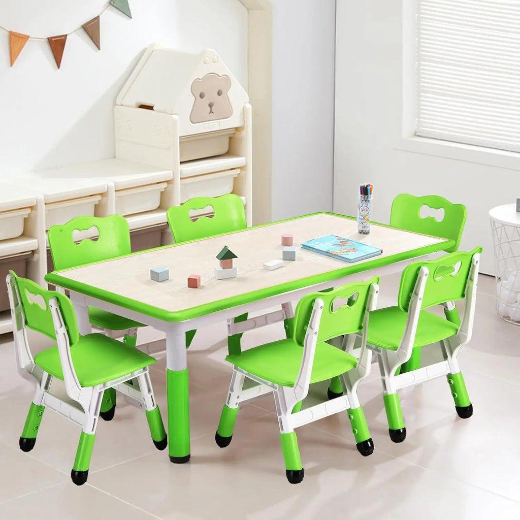 Activity Table and 6 Chairs Set Height Adjustable Study Desk with Graffiti Desktop Non Slip Legs Green 120x60x48-60cm