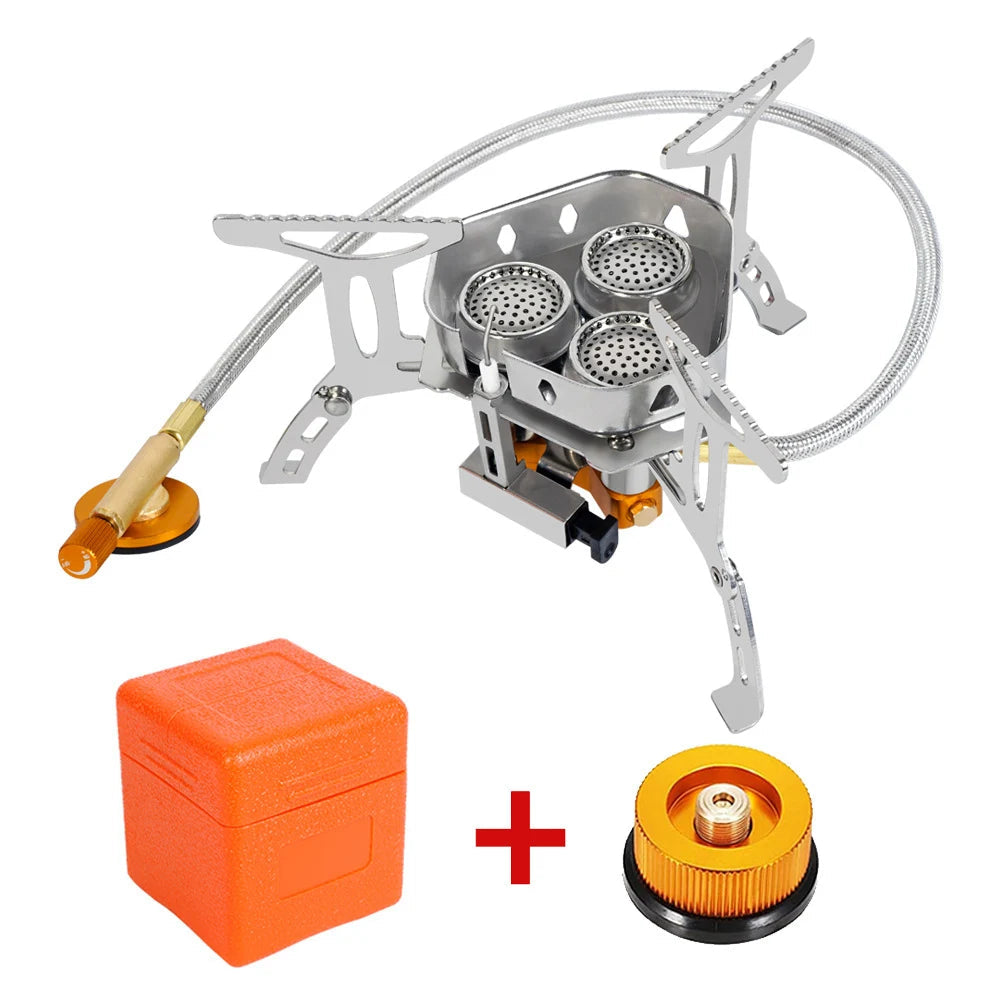 3 Head Gas Camping Stove 5800W Folding Backpacking Burner Outdoor Hiking BBQ Picnic Cooking Furnace with Adapter
