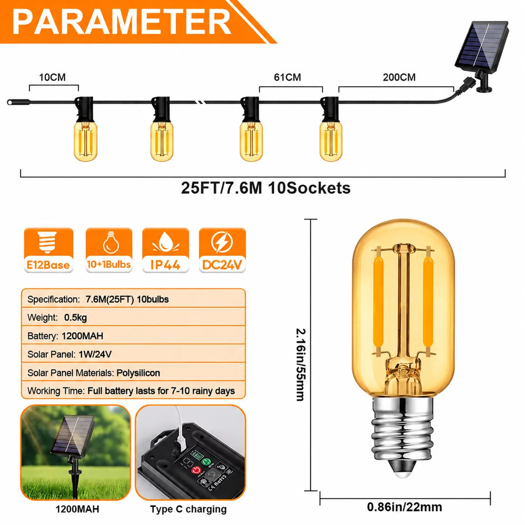 Outdoor Solar String Lights E12 Glass T22 Amber LED Retro Bulbs Waterproof Patio Garden Backyard Bistro 7.6m 10 Bulbs