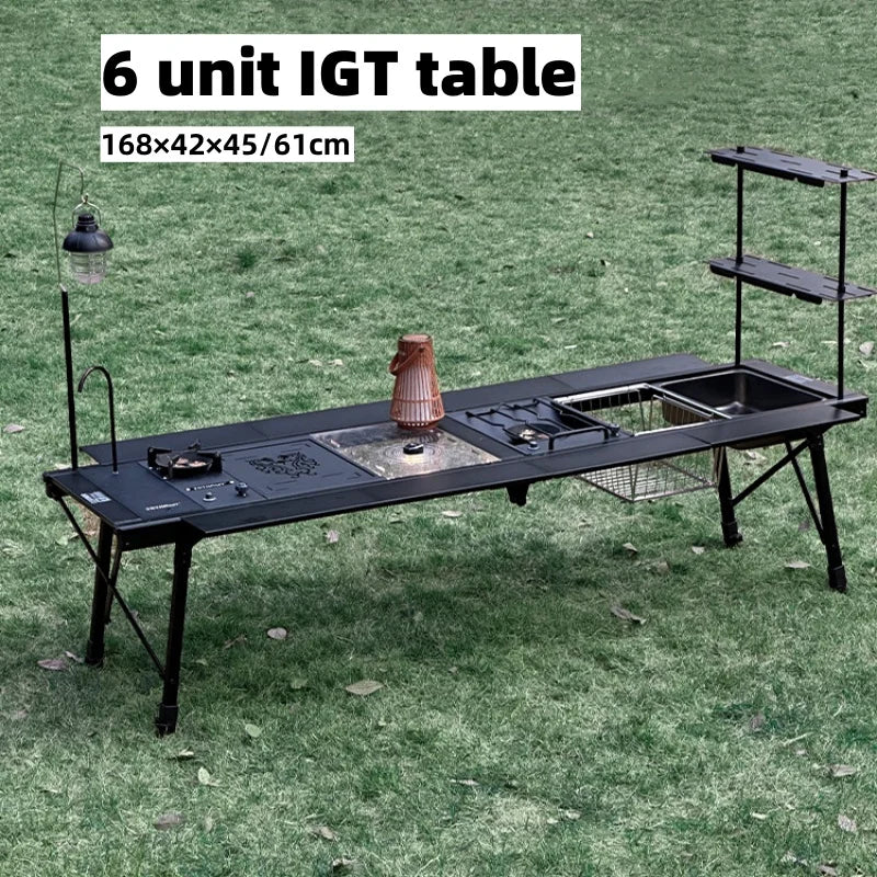 IGT 6 Unit Camping Table Aluminium Alloy Portable Folding BBQ Picnic Desk Outdoor Ultralight Table Black 168 × 42 × 61cm
