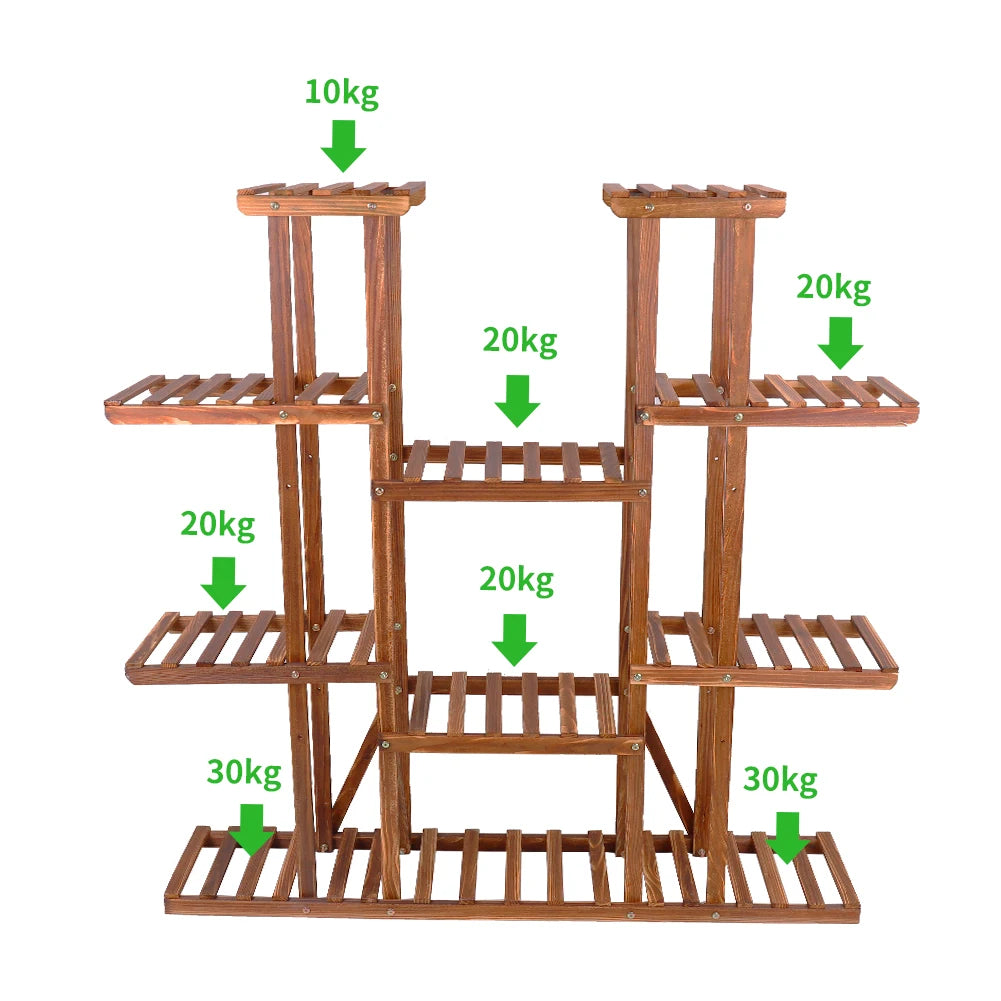 Plant Stand 11 Tier Carbonized Wood Flower Pot Display Shelf Indoor Outdoor Garden Rack Brown 116x115cm