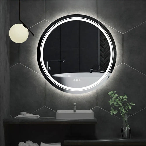 90 cm LED Bathroom Mirror Round Touch Screen Waterproof Anti Fog Vanity Mirror Wall Mounted for Wash Basin Shower Grooming