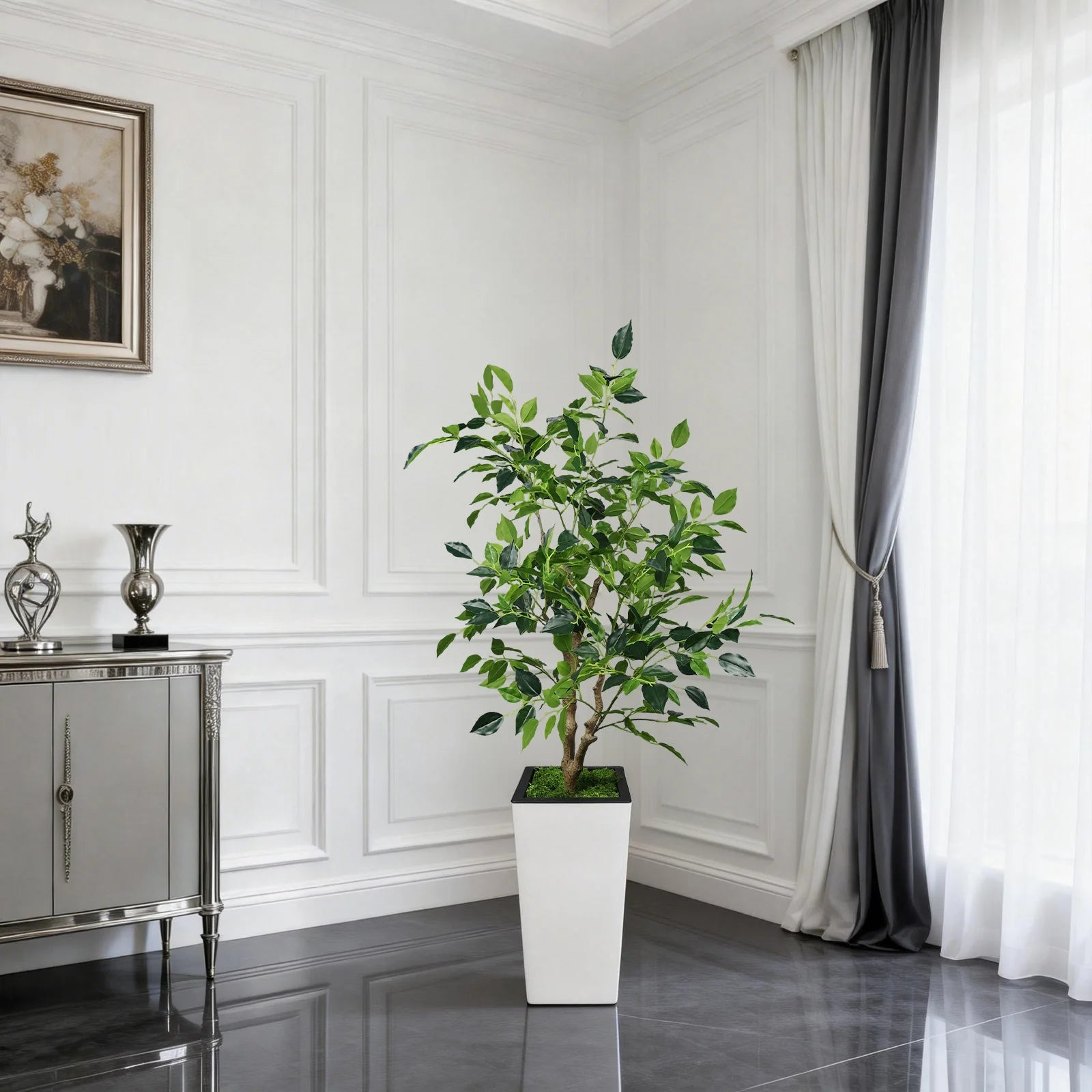 Artificial Ficus Tree 152.4cm Realistic Leaves Indoor Outdoor Plant Decor for Home Office Living Room Decoration White