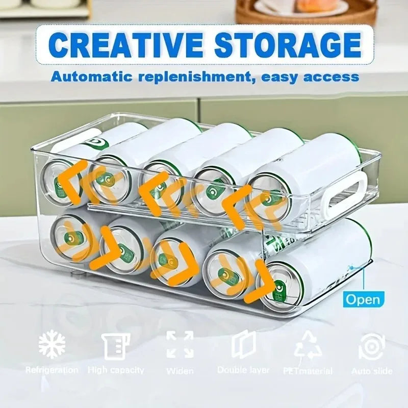 2 Tier Soda Can Dispenser Refrigerator Organizer Stackable Drink Storage Bin Clear Plastic Fridge Organizer Rack 35.5×19.2×15cm
