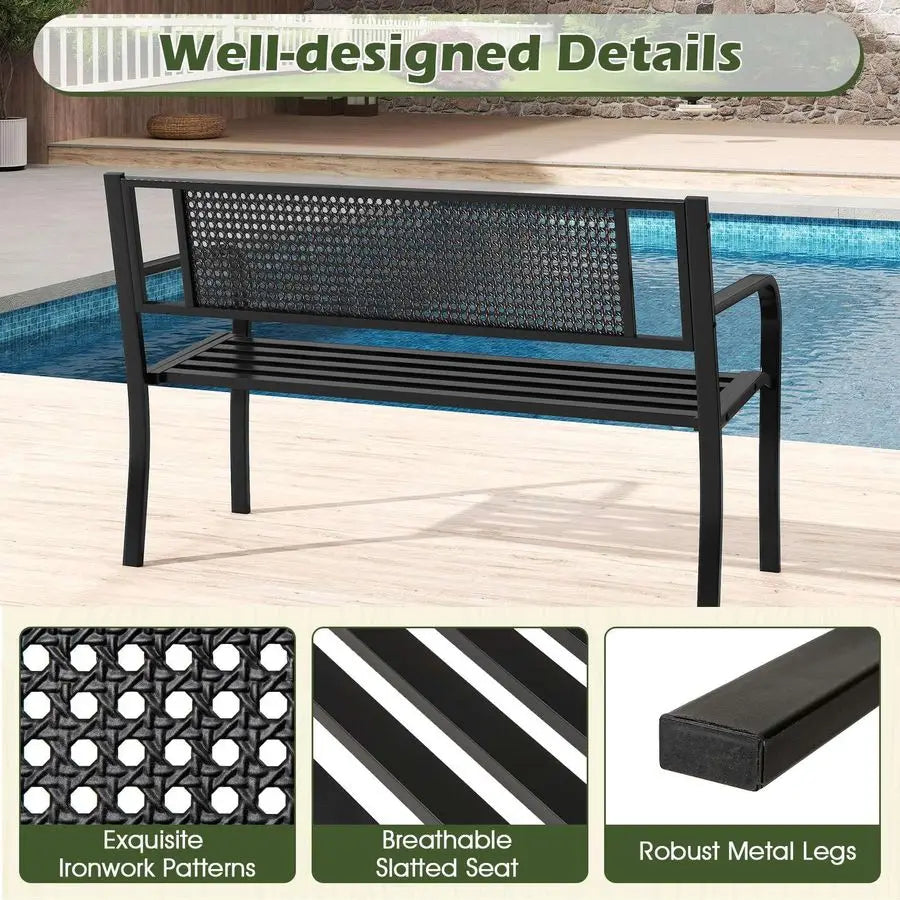 Garden Bench Outdoor Patio Bench Patterned Backrest and Curved Armrests 127cm 300kg Capacity Black