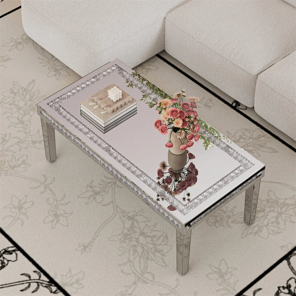Coffee Table Mirrored Rectangular Crystal Inlay Living Room Table Silver 120x60x45cm