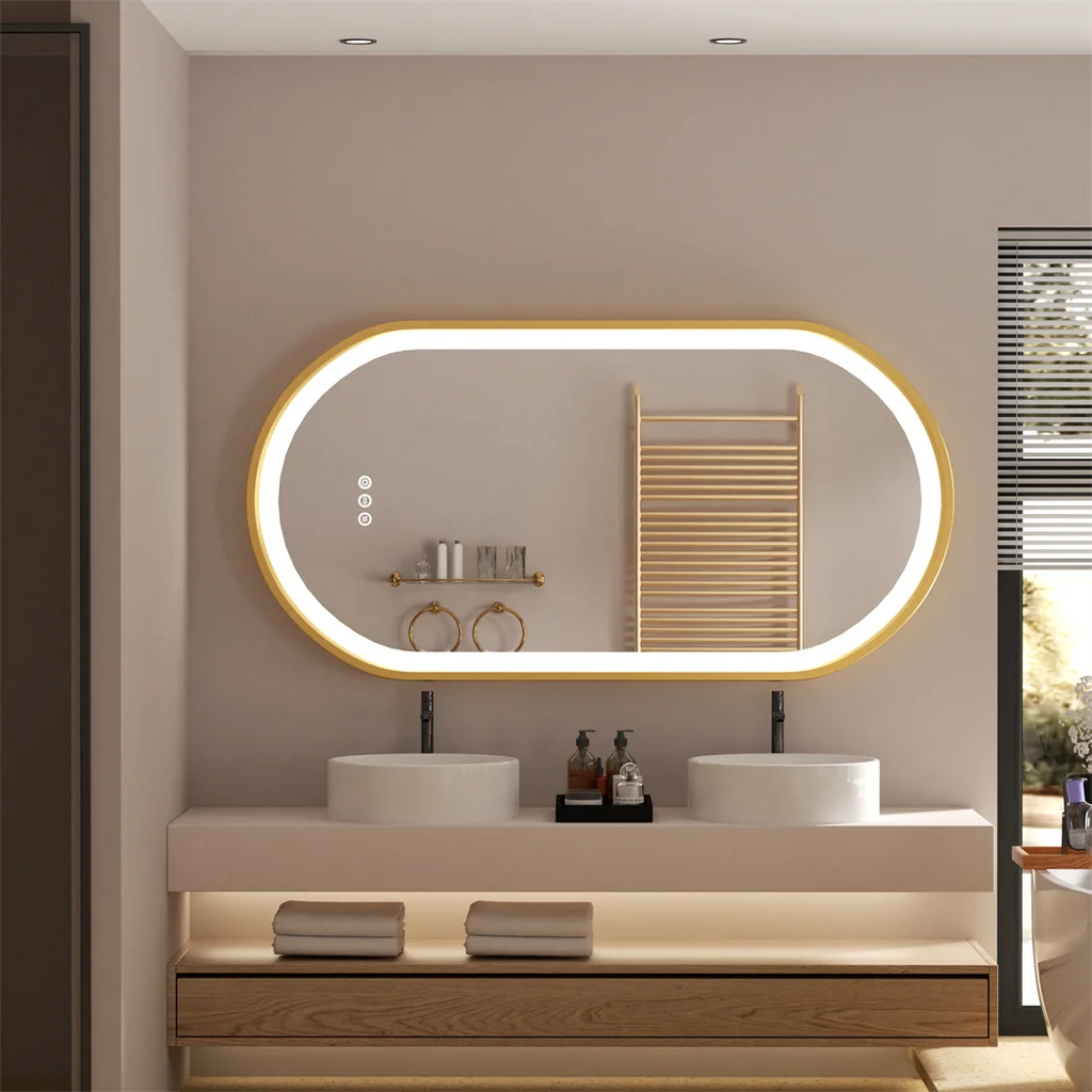 LED Bathroom Mirror Round Touch Screen Waterproof Anti Fog Vanity Mirror Wall Mounted for Wash Basin Shower Grooming 100x50cm